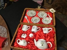 Vintage NP Exclusive Teddy Bear Wearing Antlers Complete Tea Set In Basket Sweet