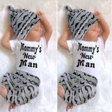 3PCS Newborn Baby Boys Letter Printing Romper Jumpsuit Pants Hat Clothes Set