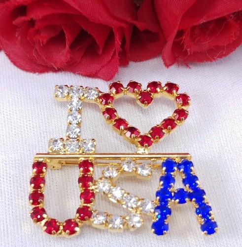 Brooch pin USA American Flag red white blue rhinestones prong set ...