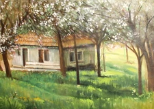 Contemporary realist landscape of a forest house