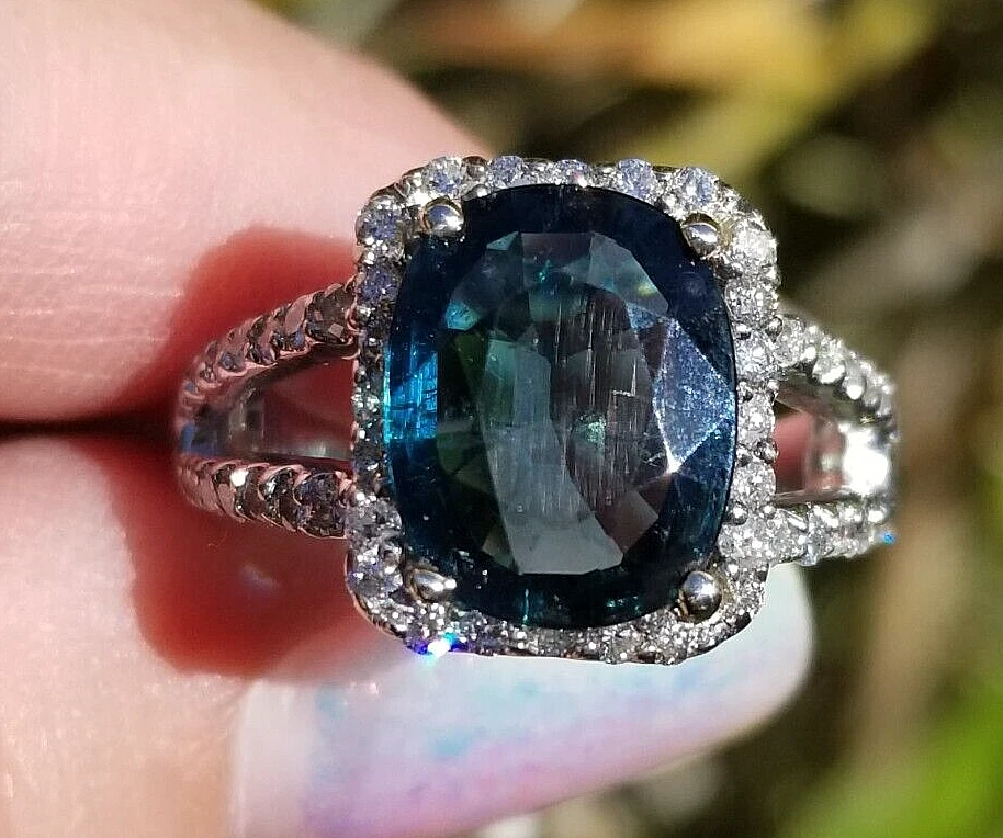 4.345TCW Indicolite Blue Tourmaline Diamond Halo Split Shank 14k