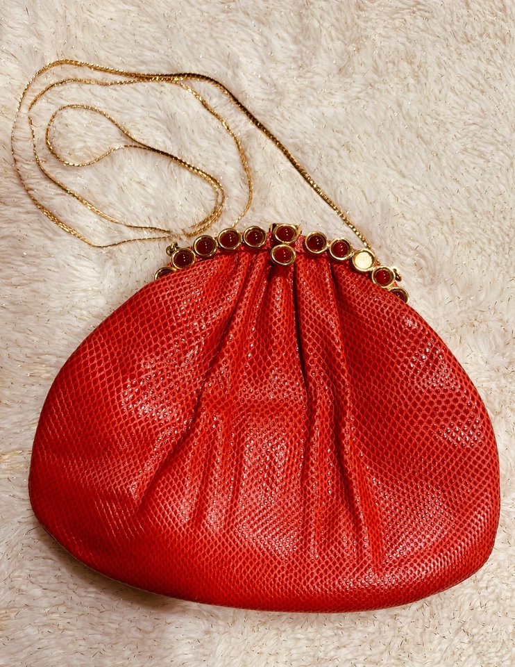 Bolso de Mano Judith Leiber Vintage Piel de Serpiente y Cabujón Rojo Noche Foto 2 de 4