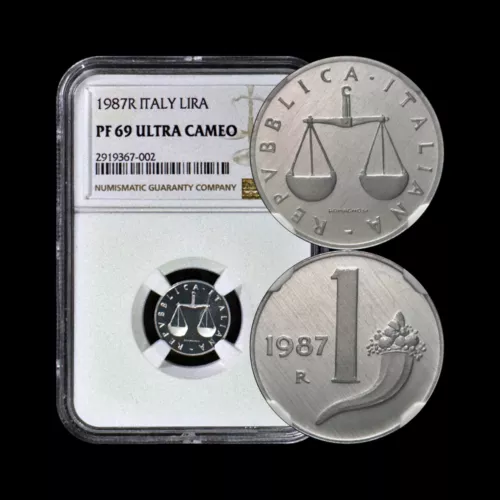 ITALY. 1987, 1 Lira - NGC PF69 - Top Pop 🥇 Balance, Scale, Cornucopia, Proof