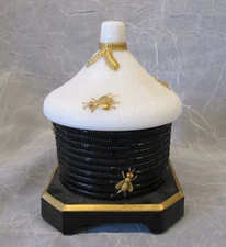 Imperial BEE HIVE Lidded HONEY JAR  POT 5" tall Black & White Milk Glass Gold