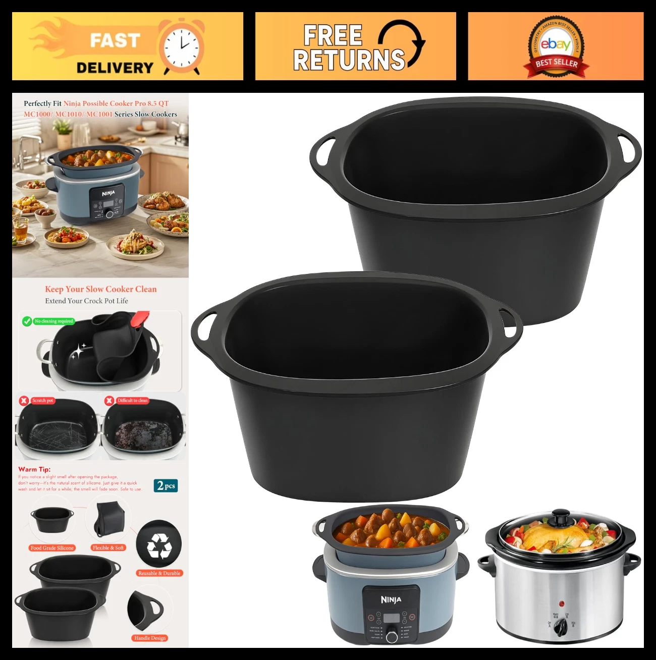 Silicone Slow Cooker Liners 2Pcs - Reusable Crock Pot Accessories for 8.5 Quart
