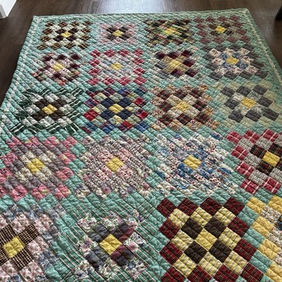 Vintage Handmade Patchwork Quilt Trip Around The World Cottagecore Country Faded
