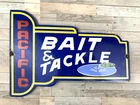 VINTAGE PACIFIC BAIT & TACKLE GASOLINE GAS MOTOR OIL PUMP STATION PORCELAIN SIGN