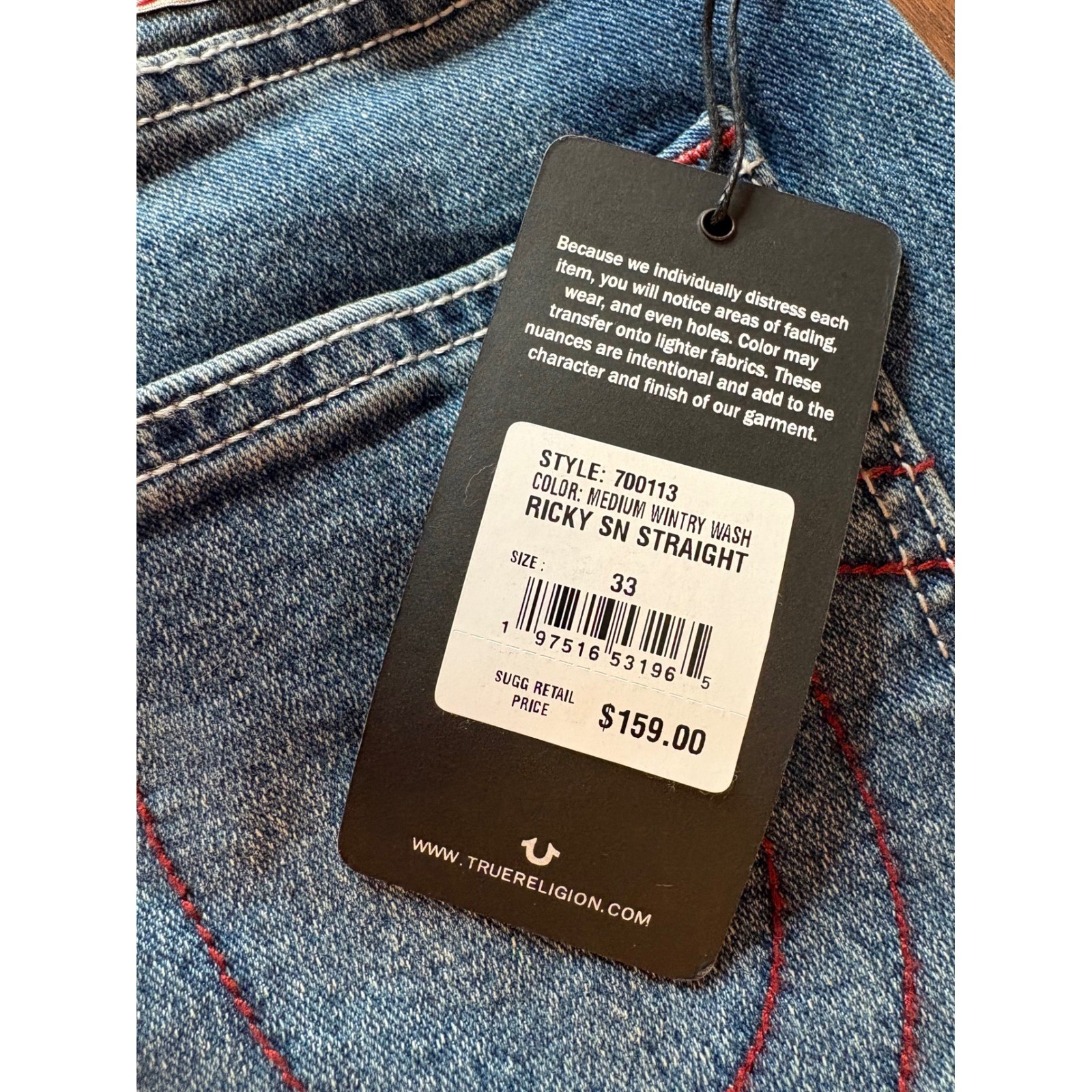 True Religion Ricky Relaxed Straight Jeans Medium Wintry Wash Red Stitch 33x34 thumbnail 4