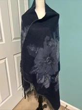 New Preston & YORK Pashmina Soft WRAP Scarf 70x29 Fringe Blue Floral