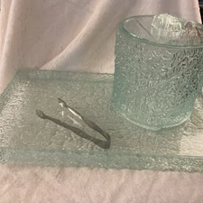 MID-CENTURY MODERN RETRO LUCITE TRAY,  Ice Bucket , Tongs bark texture 19x12