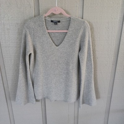 Saks Fifth Avenue Cashmere Sweater Size S Women V Neck Gray Flare Sleeve Pullove