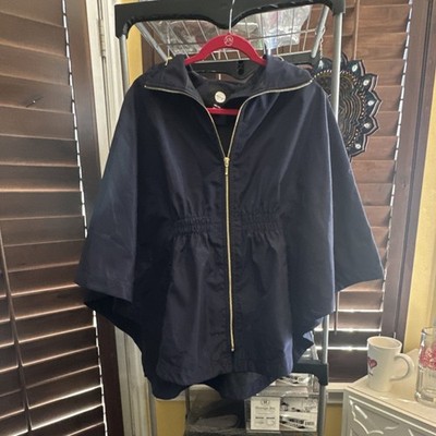 map Navy Blue Hooded Zip Mid-Length Cape Jacket Elastic Waist UNI Size