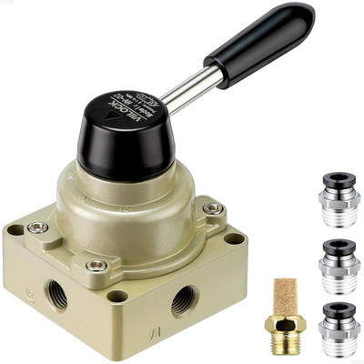 Rotary Lever Hand Valve HV-02, 3 Position 4 Way 1/4'' NPT Pneumatic Manual Contro
