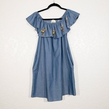 Everly Blue Chambray Embroidered Off The Shoulder Dress Size Small