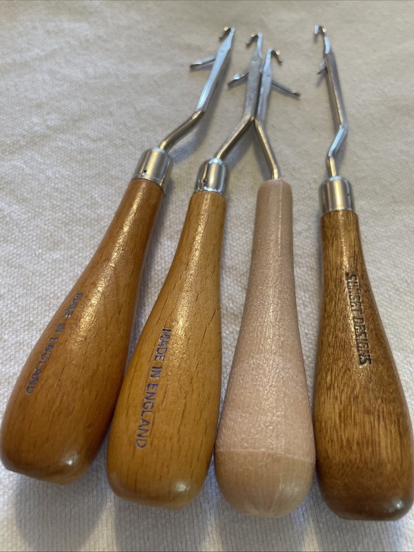 Lot of 4 Vintage Latch Hook Tools Sunset Designs Made in England Wood Handle