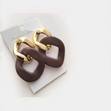 Gold Tone & Brown Geometric Oval Link Dangle/Drop Earrings Plastic No Stone
