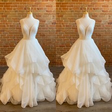 Gorgeous Wedding Dresses V Neck Ruffles A Line Tulle Sweep Train Bridal Gown