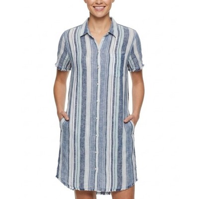 True Craft Shirt Dress Women Medium Blue Striped Linen Blend Short Sleeve Fringe