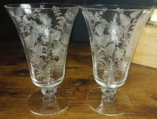 2 Tiffin Franciscan Fuchsia 8oz Footed Tumbler 5 3/8" Stem 15083 Etched 1949 EUC