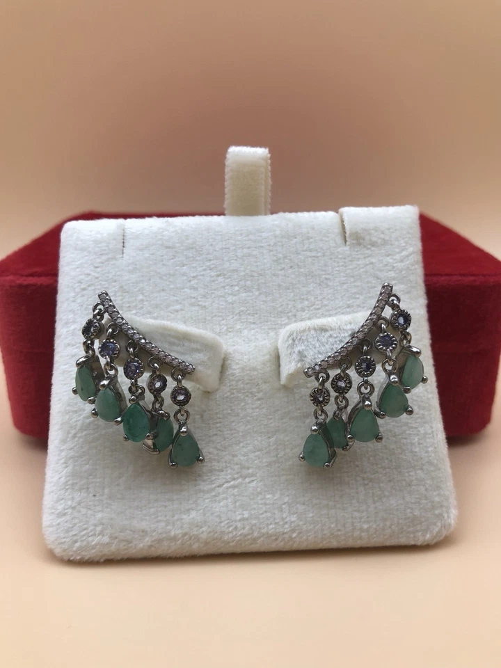 Natural Untreated Zambia Emerald & Tanzanite Dangle Earrings 925 Sterling Silver - Image 2 of 4