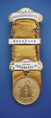 MASSACHUSETTS DELGATE 1893 INDIANAPOLIS INDIANA GAR BADGE
