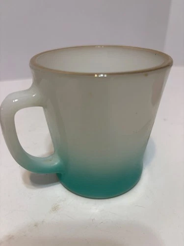 Vintage Anchor Hocking Fire King Glass Mug Turquoise Ombre Fade Gold Rim 3 1/4"