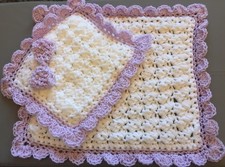 💕Hand Crochet Dolls/teddy White & purple Pram Set/blanket With purple Bow