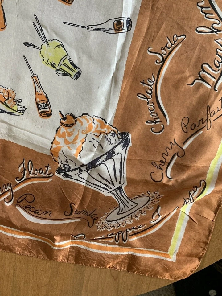Vintage Scarf Soda Fountain Ice Cream Sundae Banana Split Print Malted Fudge - Imagem 4 de 4