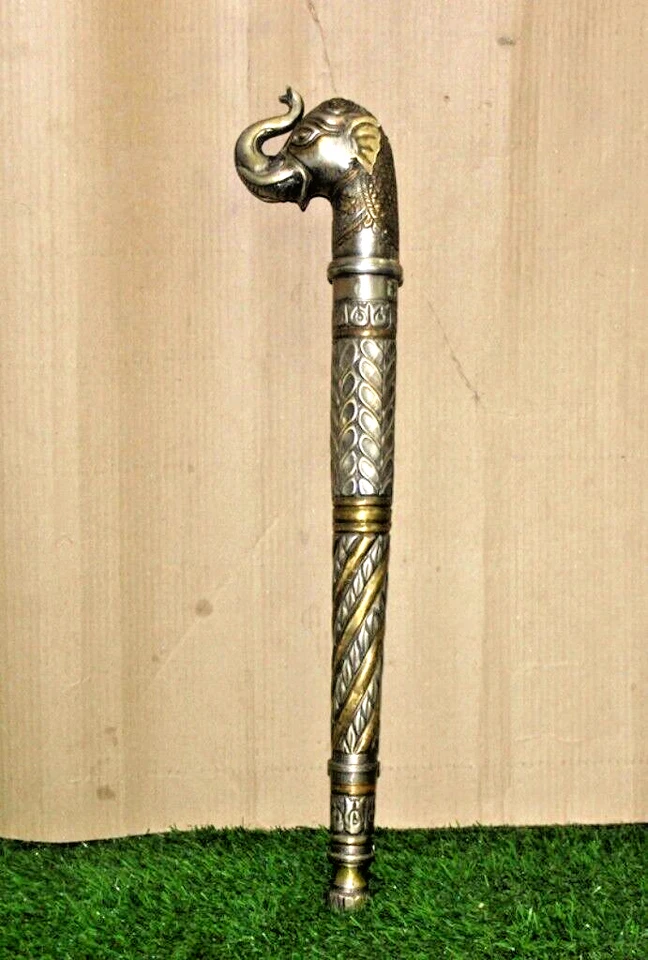 Antico Ottone Argento Goffrato Elefante Forma Bastone da Passeggio Originale - Immagine 3 di 4