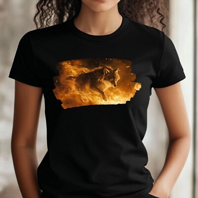 T-Shirt Frauen Wolf in Flammen Motiv Baumwolle Größe XS bis 3XL