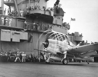 U.S. Navy Grumman F6F-3 Hellcat awaiting take off USS Yorktown Print