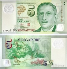 SINGAPORE $5 DOLLAR ND 2007 P 47 UNC POLYMER