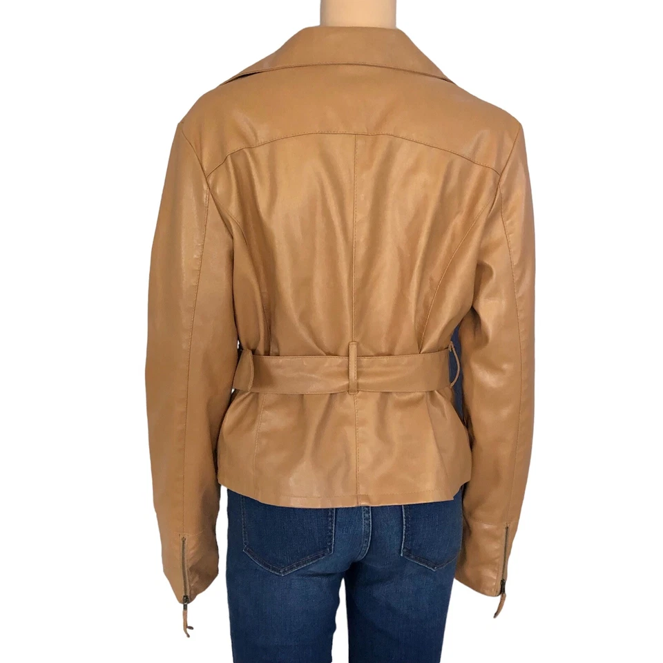 Chaqueta Moto Años 90 Y2K Sello Húmedo Mujer Cuero Sintético Marrón Camel Cinturón Talla XL Foto 4 de 4