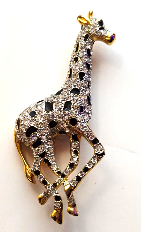 Prendedor/broche vintage grande de cristal pavé blanco y negro jirafa ojos verdes Foto 2 de 4