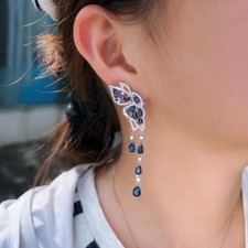 Silver Plated Blue Cubic Zirconia Long Fringe Drop Butterfly Earrings for Women