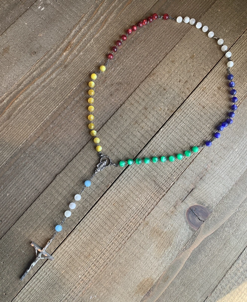 Vintage Moonstone Rosary Beads Multicolor Yellow Green Purple Red