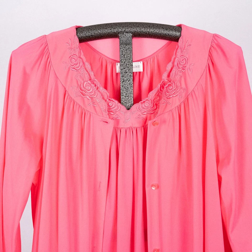 Vintage Shadowline Robe LARGE & Gown 1X Set Pink Rose Flower Embroidery USA MADE - Image 3 of 4