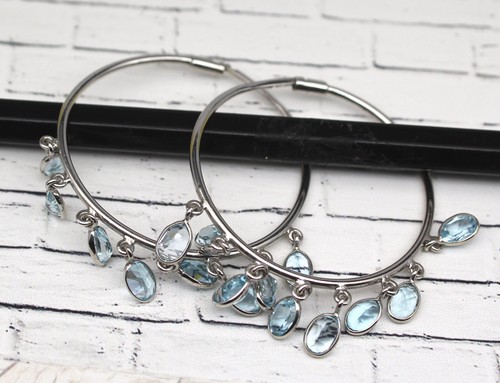 Blue Topaz Drops Hoop Earrings Big Earrings 925 Sterling Silver December Stone - Picture 5 of 7