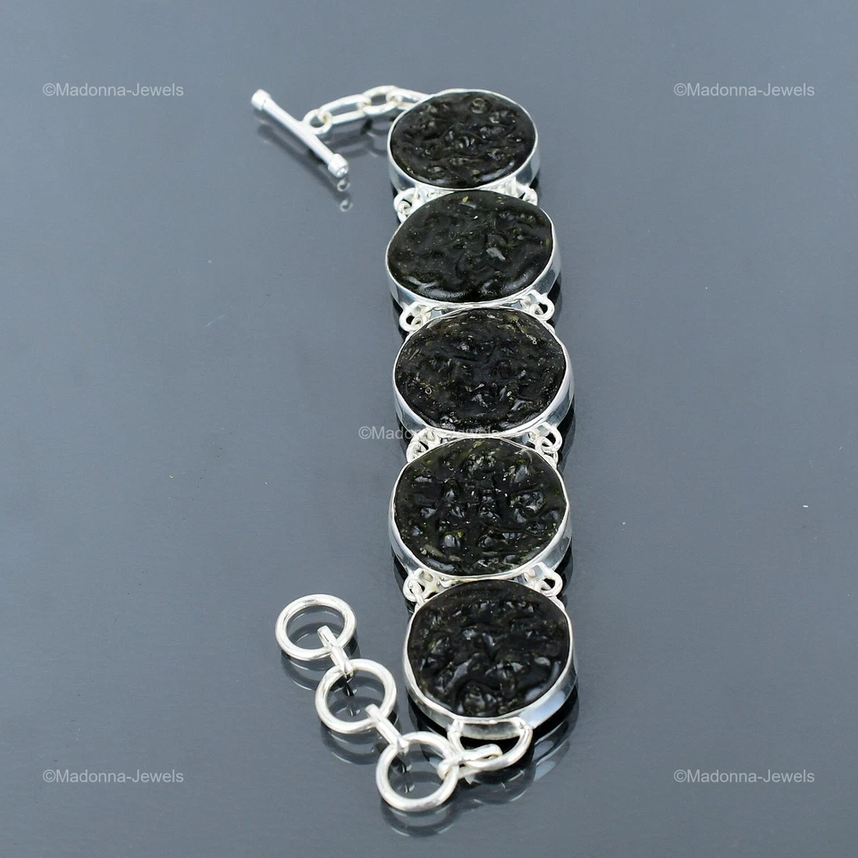 Valentines Sale Sterling Silver Moldavite Gemstone Chain Bezel Bracelet Jewelry - Image 3 of 4