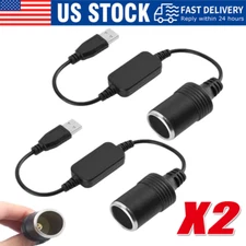 2pcs Car Cigarette Lighter Socket Female Converter USB To 12V Adapter Cable Cord