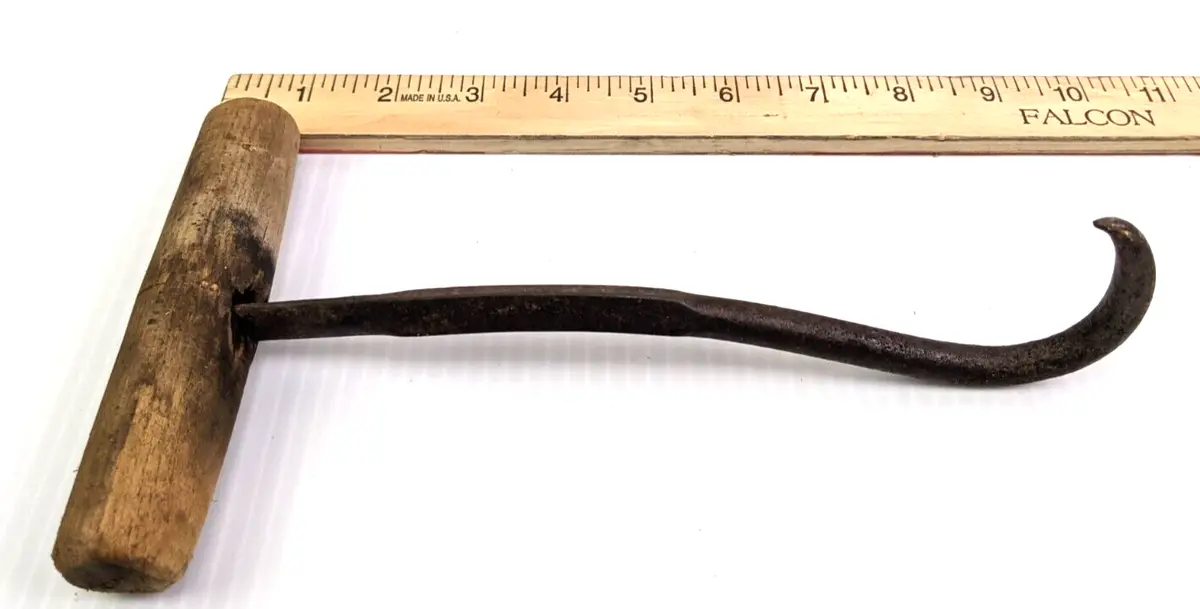 Primitive Hay Hook Wood Handle Hand Forged Square Shaft Farm Tool
