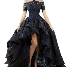 High Low Black Lace Wedding Off The Shoulder Short Sleeves Gothic Bridal Gown