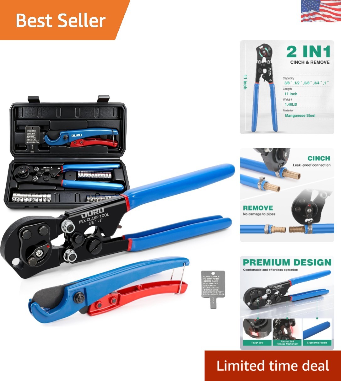 Complete PEX Pipe Installation Kit - Ratchet Crimper, Cutter & Clamps Included