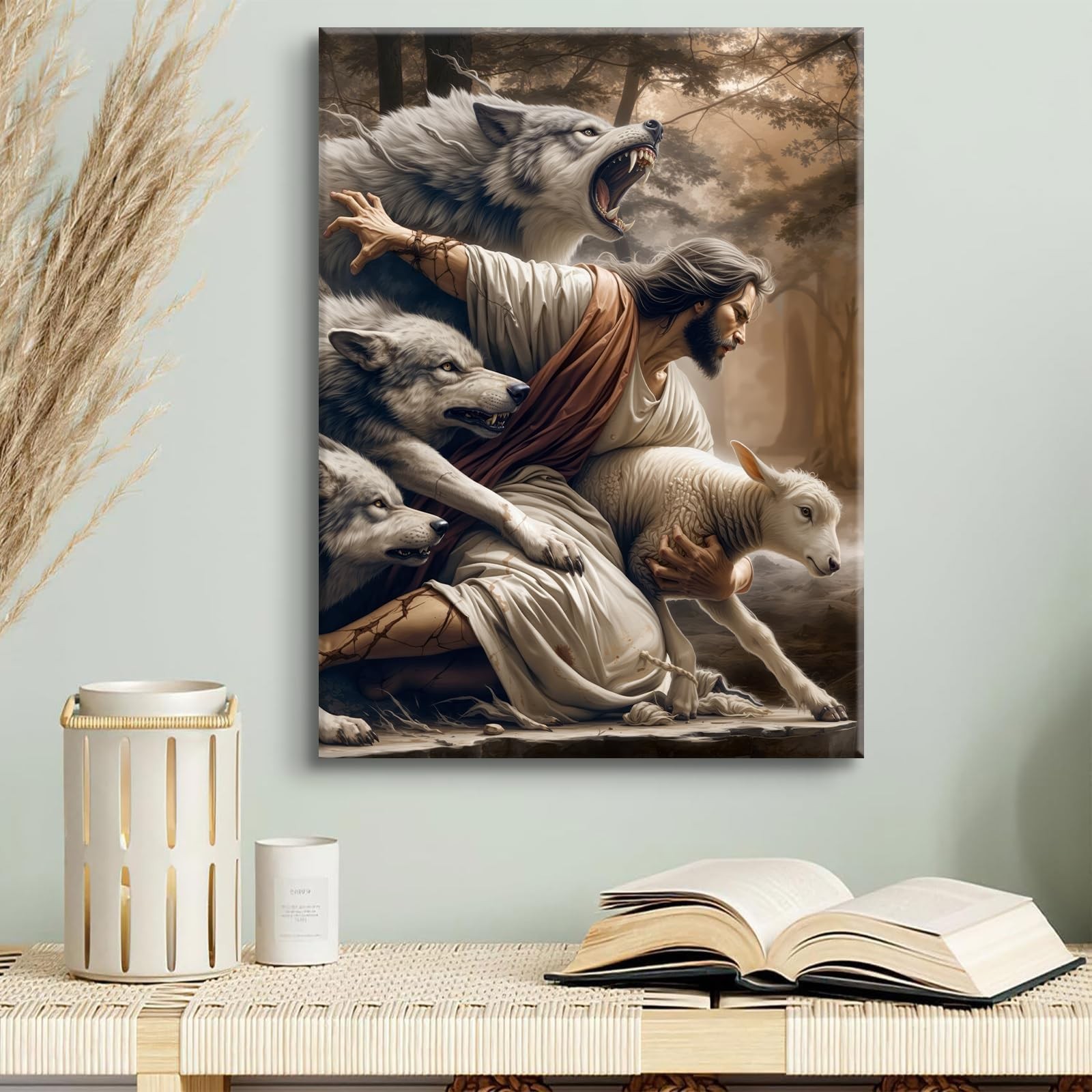 Jesus and Lamb Canvas Wall Art Jesus Saves The Lost Lamb Picture Wall Decor G...