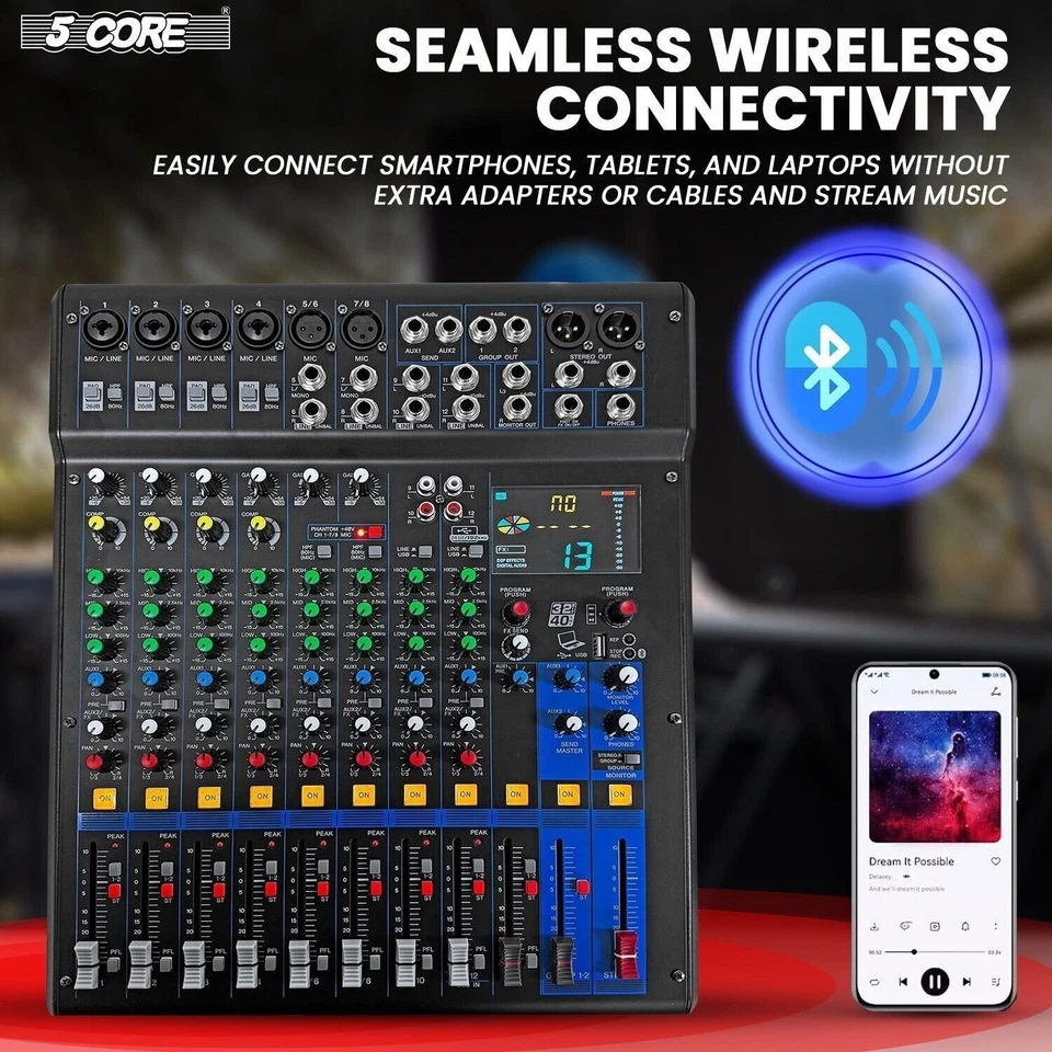 5Core Audio Mixer 12 Channel DJ Soundboard USB Interface Bluetooth XLR Console - Image 3 of 4