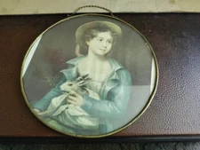 VINTAGE  FLUE COVER Young Girl in Blue UNDER GLASS w/Metal FRAME & Chain HANGER