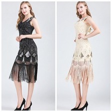 Ladies Vintage Fringe Sequin Dress Bling Party Dance Sleeveless V-neck Tassle