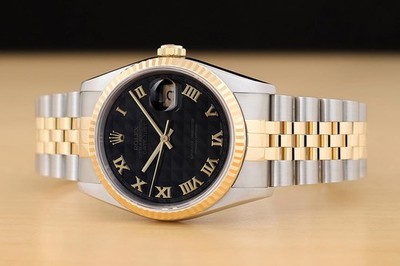 ROLEX MENS DATEJUST 16233 BLACK PYRAMID ROMAN DIAL 18K GOLD STEEL