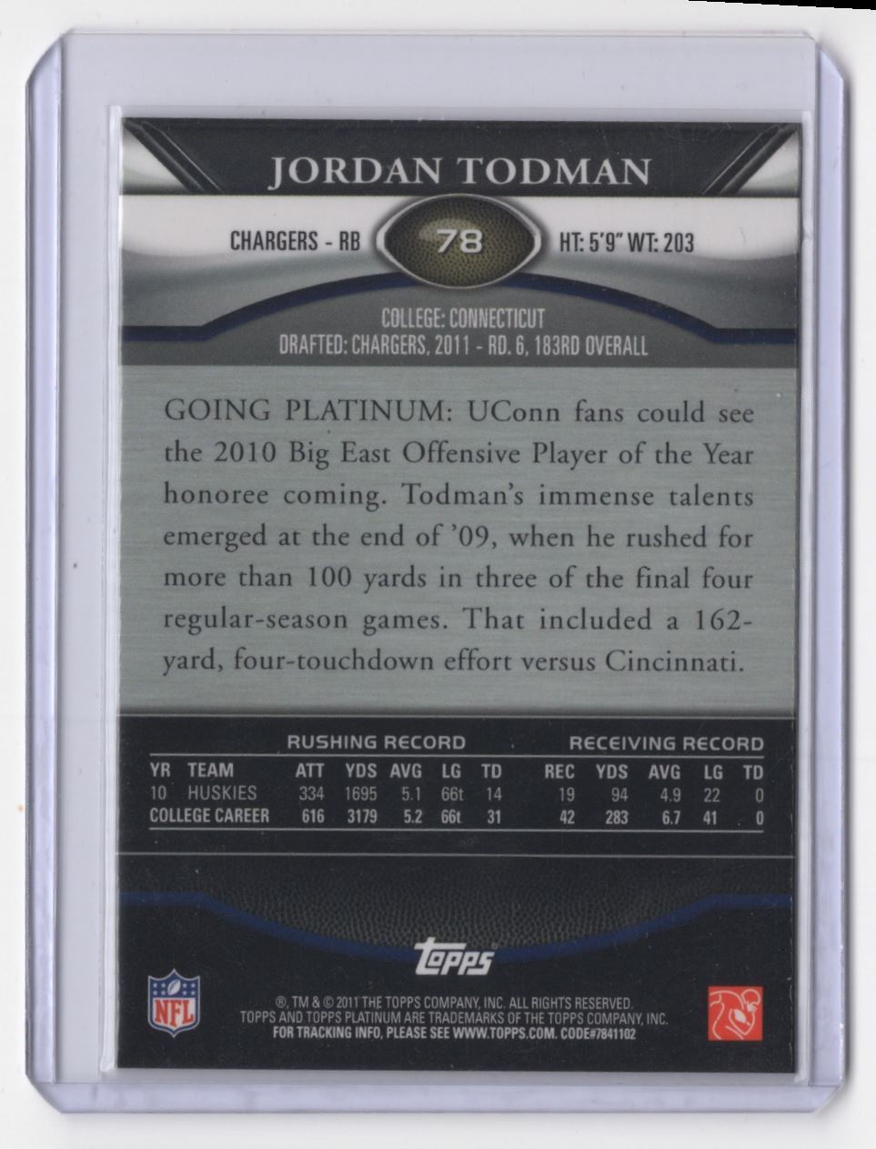 2011 Topps Platinum Rookie Jordan Todman Rookie San Diego Chargers #78 thumbnail 2