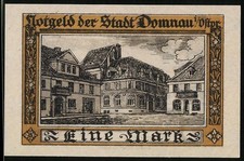 Notgeld Domnau /Ostpr. 1921, 1 Mark, Ortsansicht und Gedenktafel zum Wiederaufb